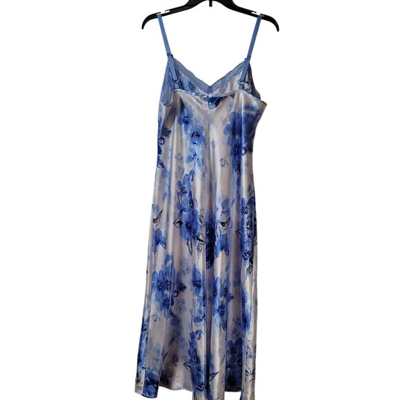 Jones New York Blue Floral Satin Nightgown With Lace Trim Adjustable Straps XL - Picture 5 of 11